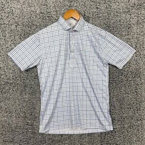 Collars & Co Polo Shirt Mens Medium White Blue Check Dress Collar Golf Stretch